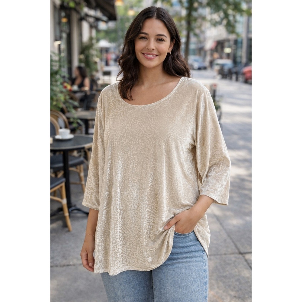 Ruby Rd Woman Top Velvet Animal Print Tunic 3/4 Sleeve‎ Plus Champagne  2X